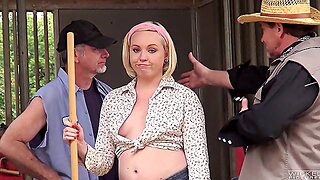 Miley May Is On Her Knees Pleasuring Two Horny Farmers Outdoors