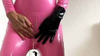 Gas Mask Rubber Catsuit Cum With Wand